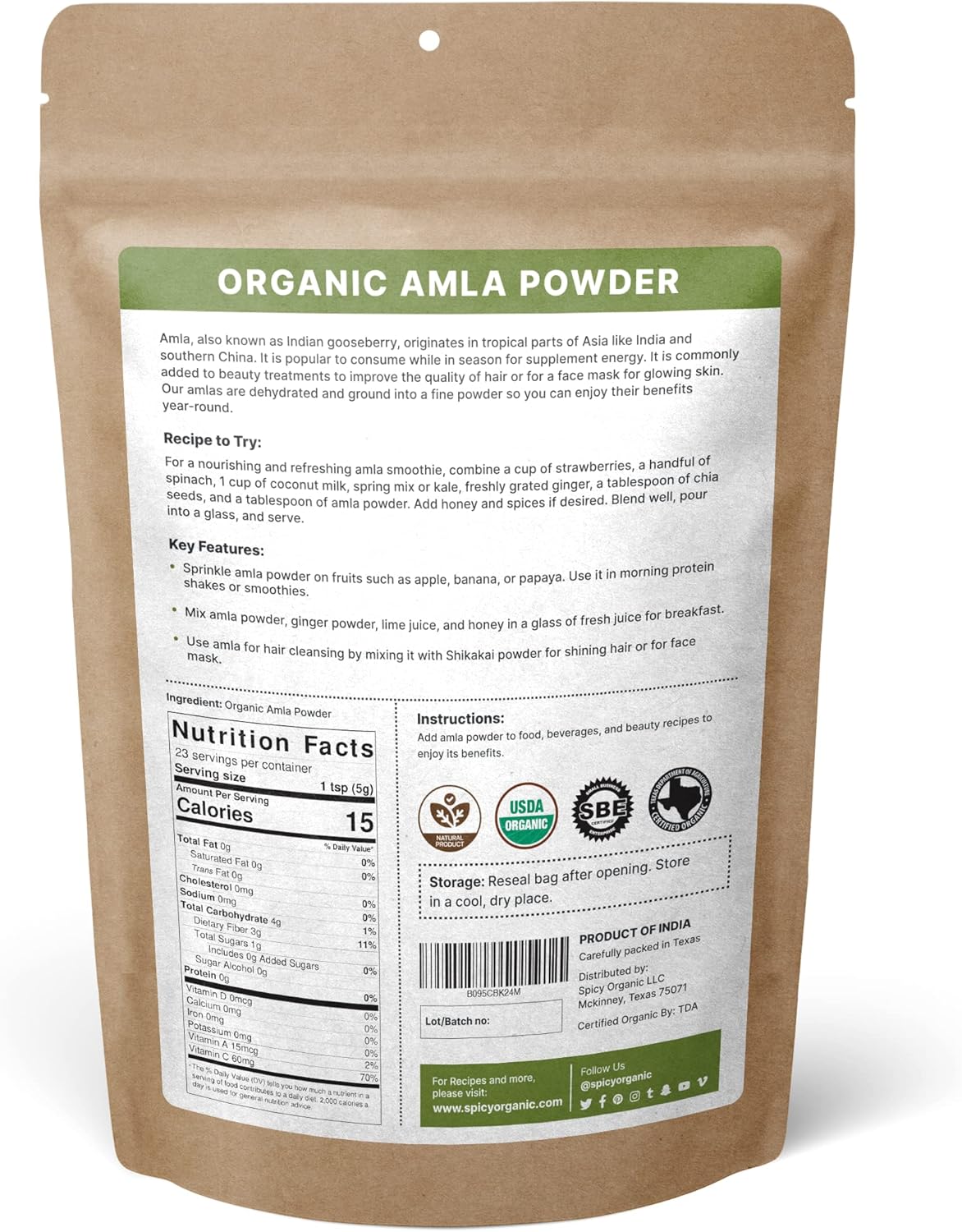 100% Pure USDA Organic Spicy Amla Powder for Hair & Beverages - 4 oz - Natural Hair Care & Antioxidant Boost