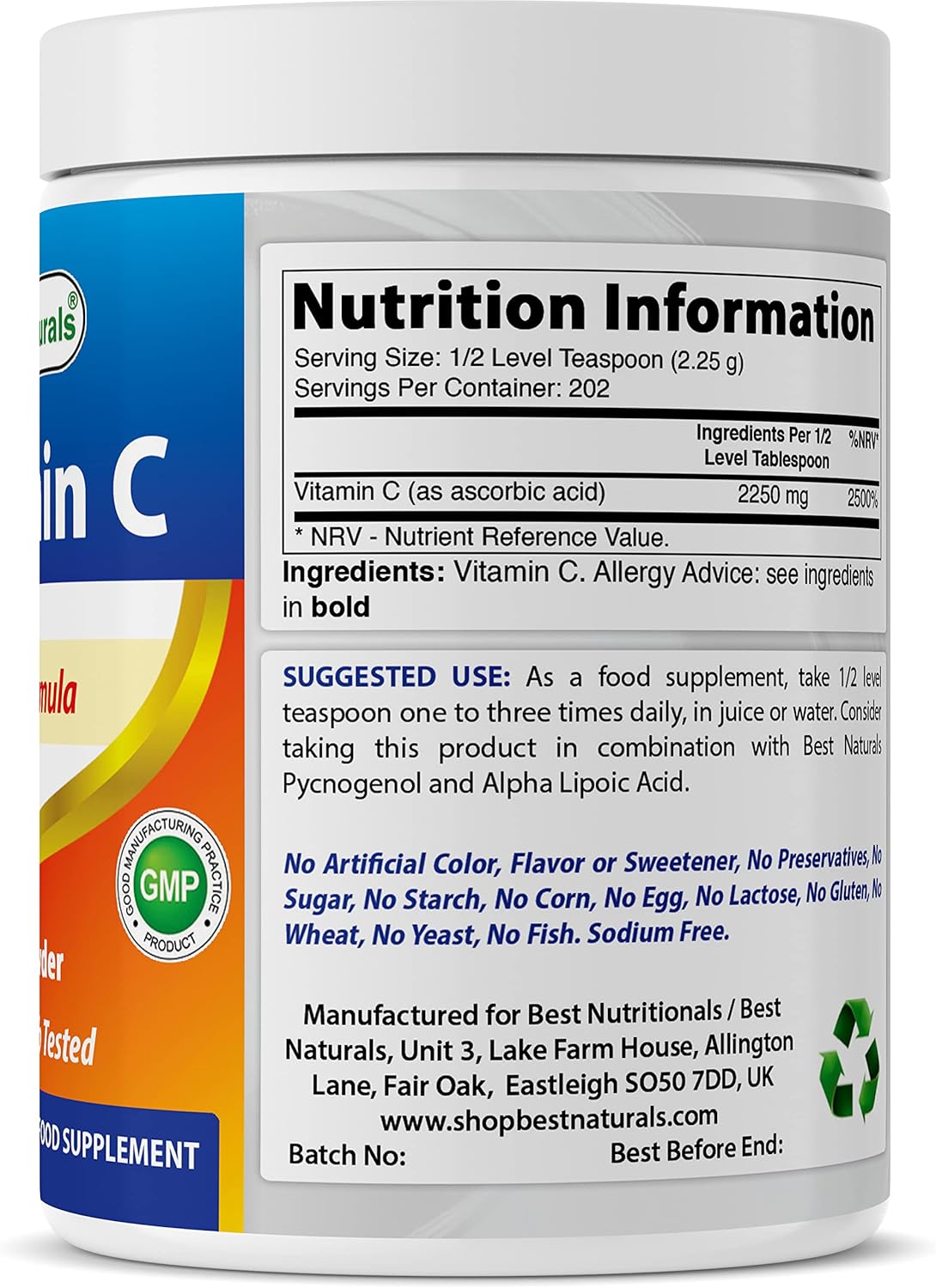 100% Pure Vitamin C Powder 1 lb (454 Grams) - Best Naturals - Ascorbic Acid Supplement