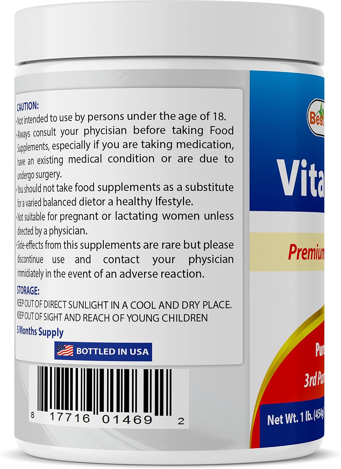 100% Pure Vitamin C Powder 1 lb (454 Grams) - Best Naturals - Ascorbic Acid Supplement
