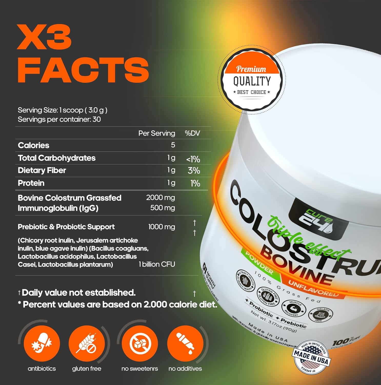 100% Pure Whole Natural Grass-Fed Bovine Colostrum X3 Supplement Powder for Humans - High IgG, Probiotic & Prebiotic - Made in USA - BoostGo Australia