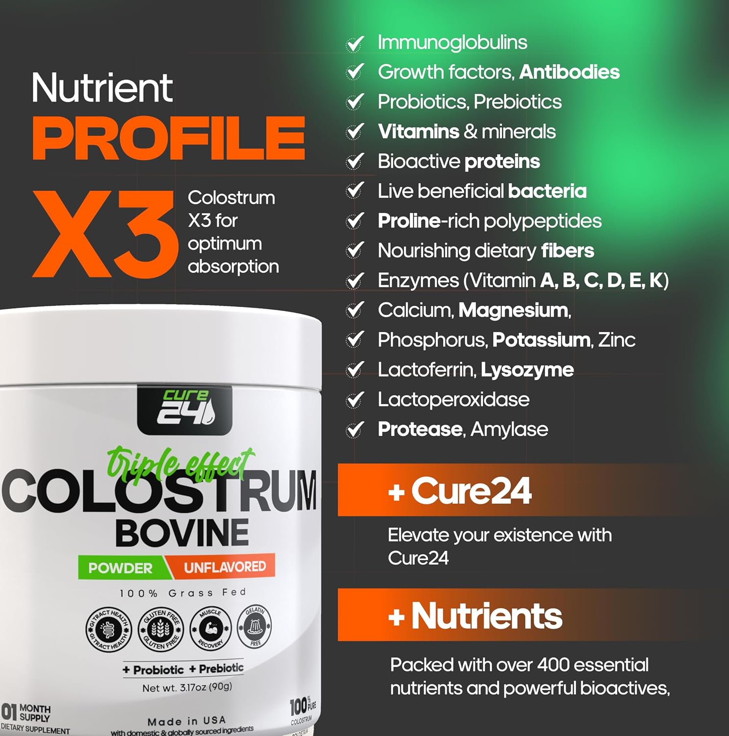 100% Pure Whole Natural Grass-Fed Bovine Colostrum X3 Supplement Powder for Humans - High IgG, Probiotic & Prebiotic - Made in USA - BoostGo Australia