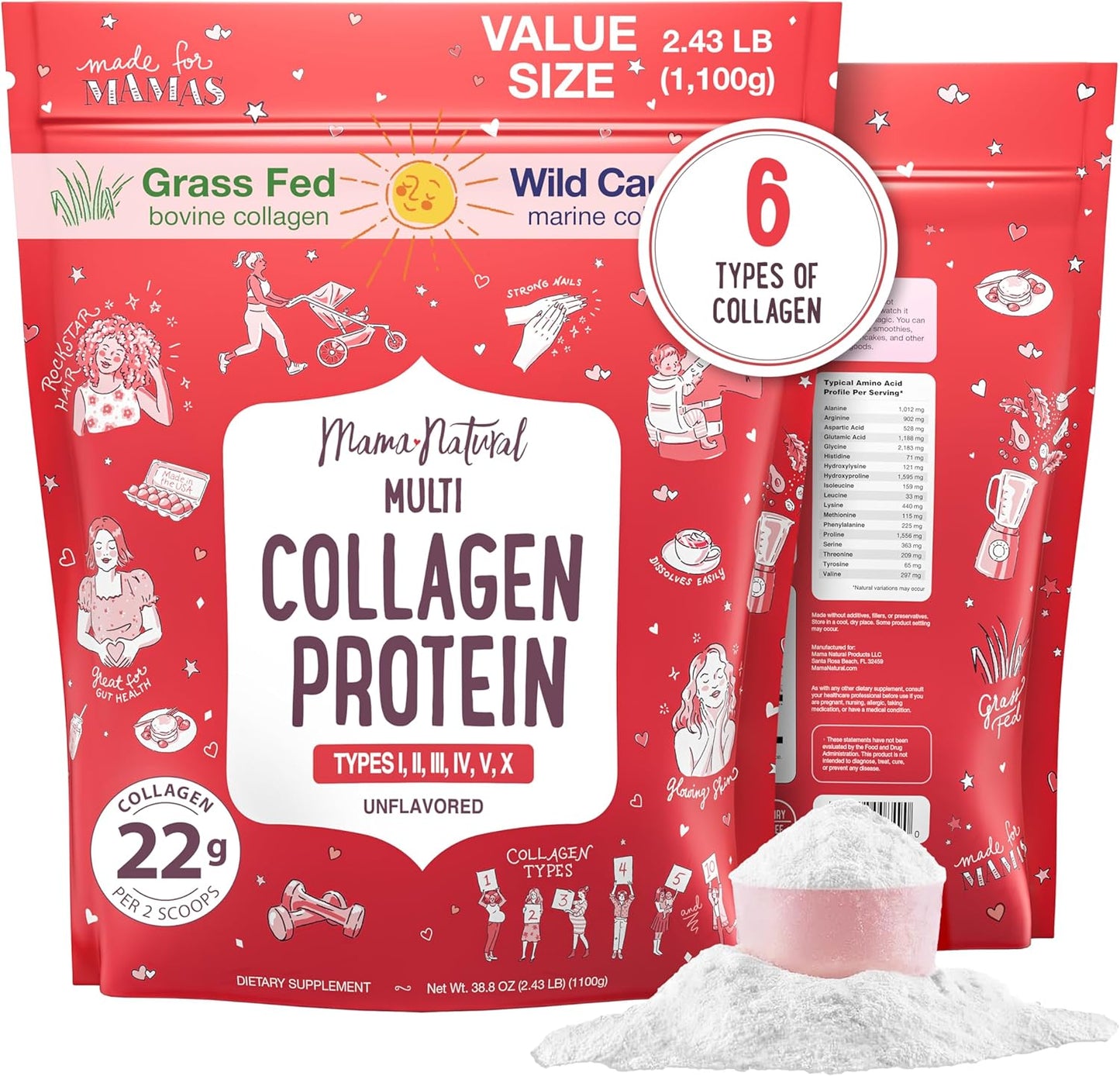 100 Servings Mama Natural Multi Collagen Protein Powder Value Pack - Unflavored & Hydrolyzed - 6 Types of Pure Collagen Peptides for Women - Grass Fed Beef, Wild Fish & USA Eggshell - Supplement