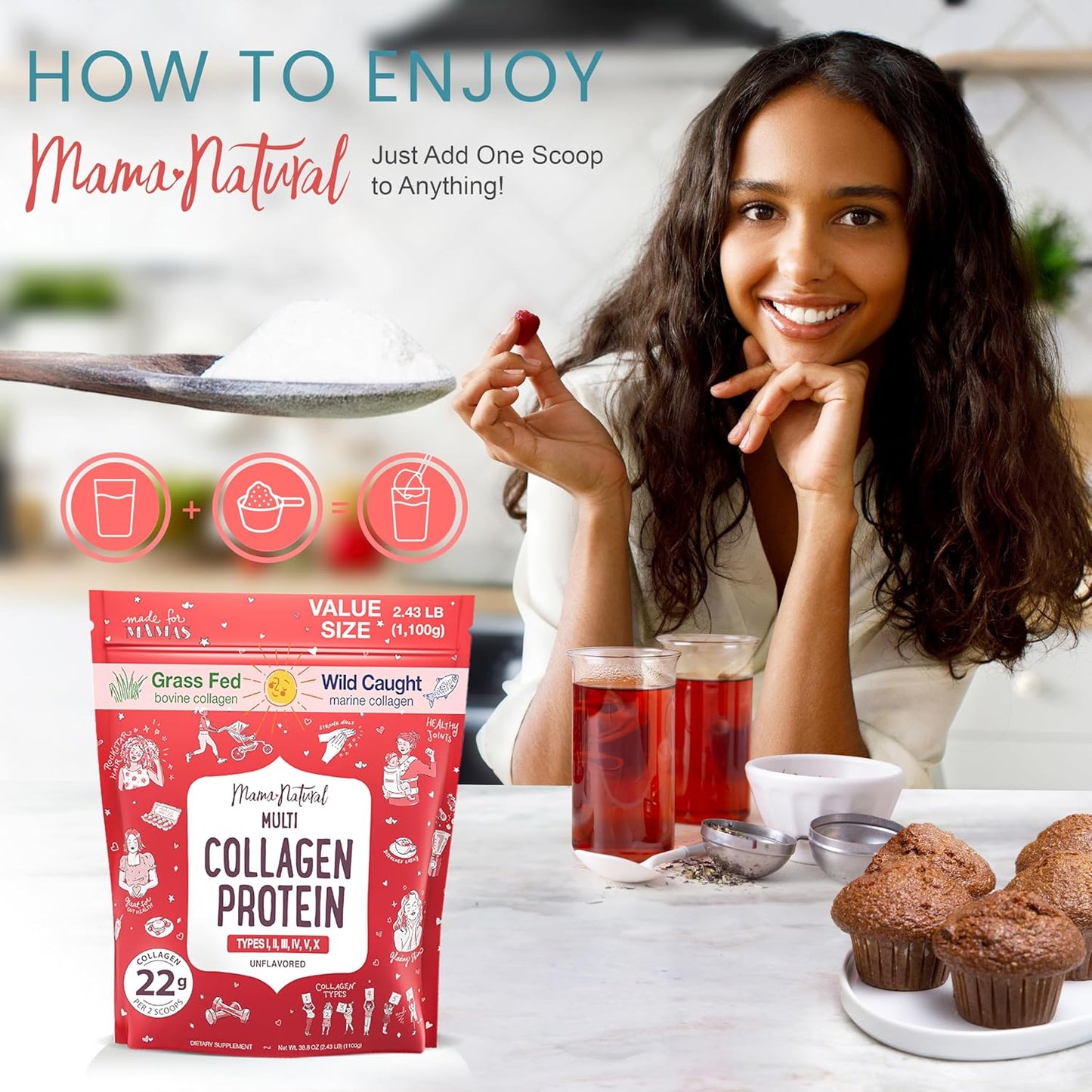 100 Servings Mama Natural Multi Collagen Protein Powder Value Pack - Unflavored & Hydrolyzed - 6 Types of Pure Collagen Peptides for Women - Grass Fed Beef, Wild Fish & USA Eggshell - Supplement