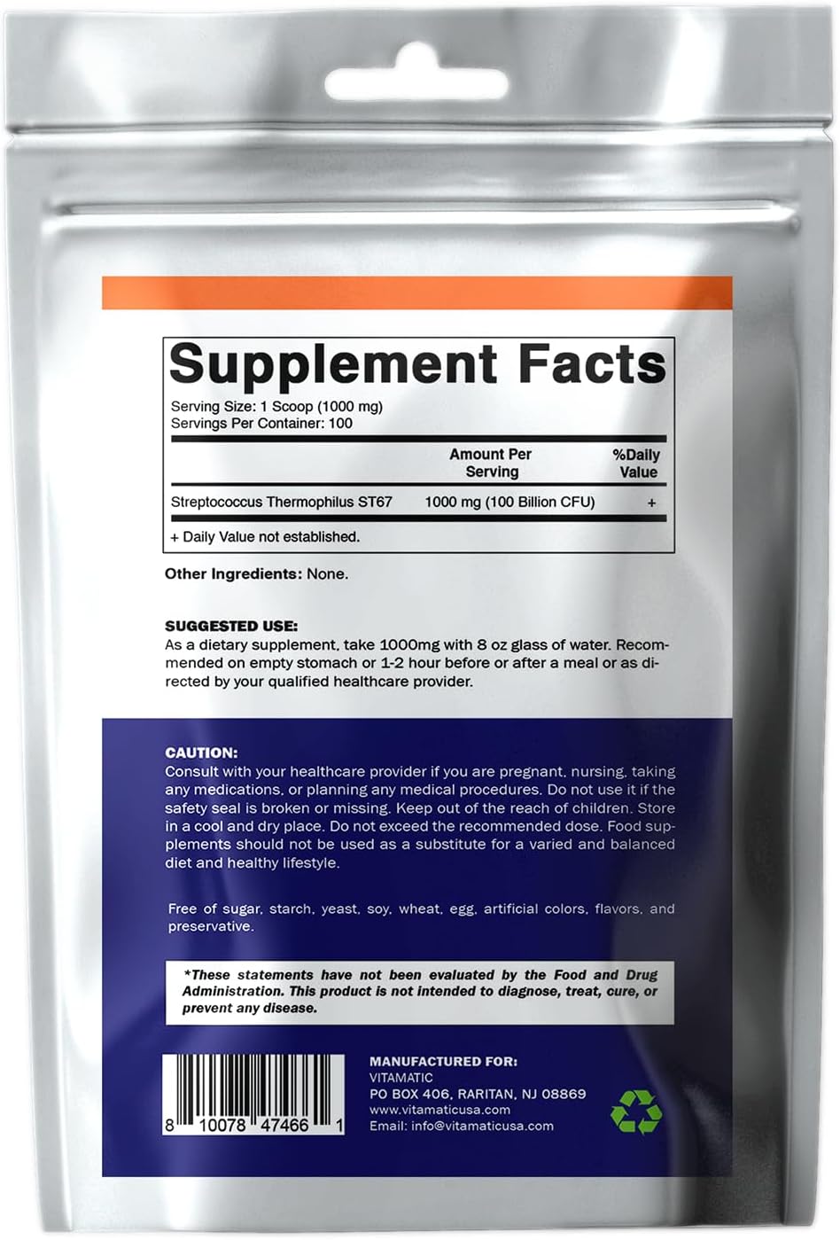 100 Servings of Vitamatic Streptococcus Thermophilus Probiotic Powder for Digestive Health - 100g (3.5oz)