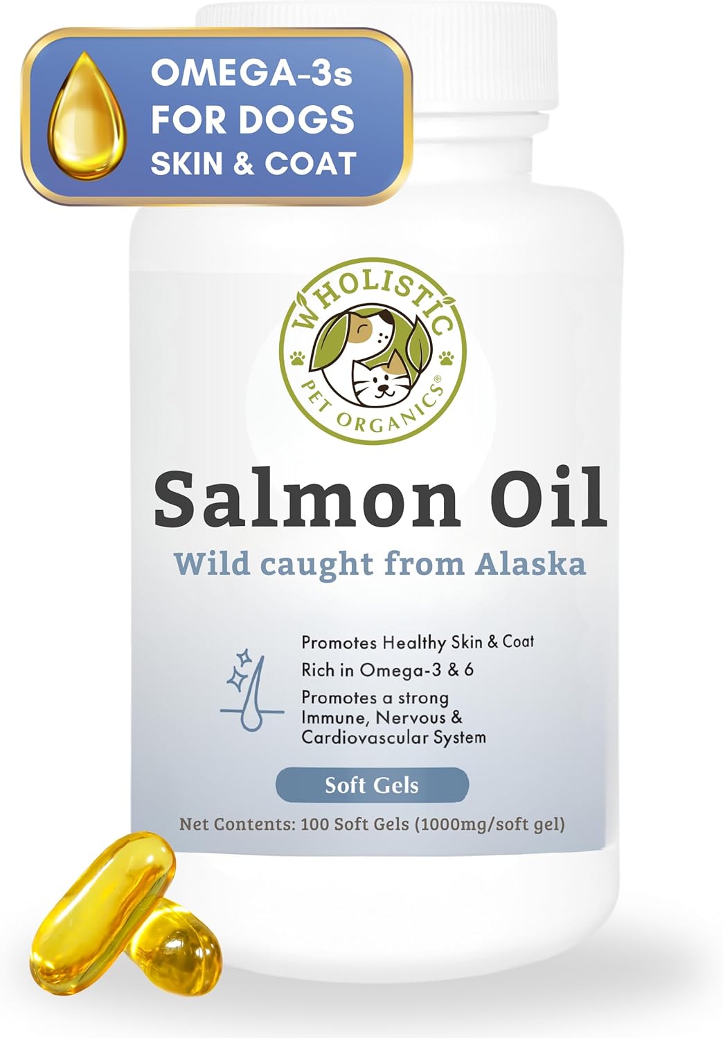 100 Soft Gels of Wholistic Pet Organics Wild Alaskan Salmon Oil for Dogs - Omega 3 Fish Oil with EPA & DHA for Skin, Coat, Joint, and Heart Health - Ideal Choice for Dog Skin & Coat Care