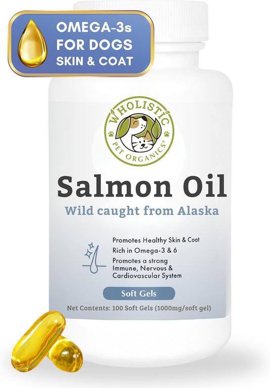 100 Soft Gels of Wholistic Pet Organics Wild Alaskan Salmon Oil for Dogs - Omega 3 Fish Oil with EPA & DHA for Skin, Coat, Joint, and Heart Health - Ideal Choice for Dog Skin & Coat Care