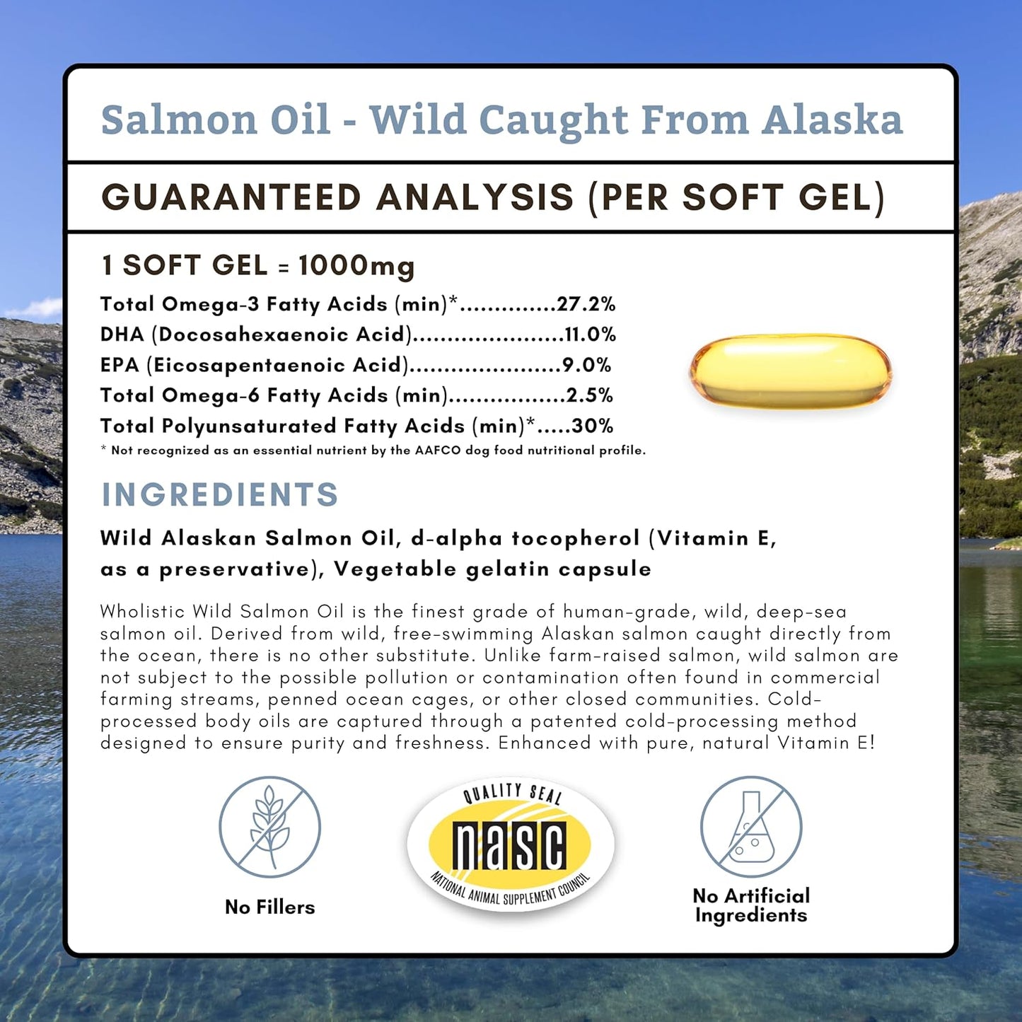 100 Soft Gels of Wholistic Pet Organics Wild Alaskan Salmon Oil for Dogs - Omega 3 Fish Oil with EPA & DHA for Skin, Coat, Joint, and Heart Health - Ideal Choice for Dog Skin & Coat Care
