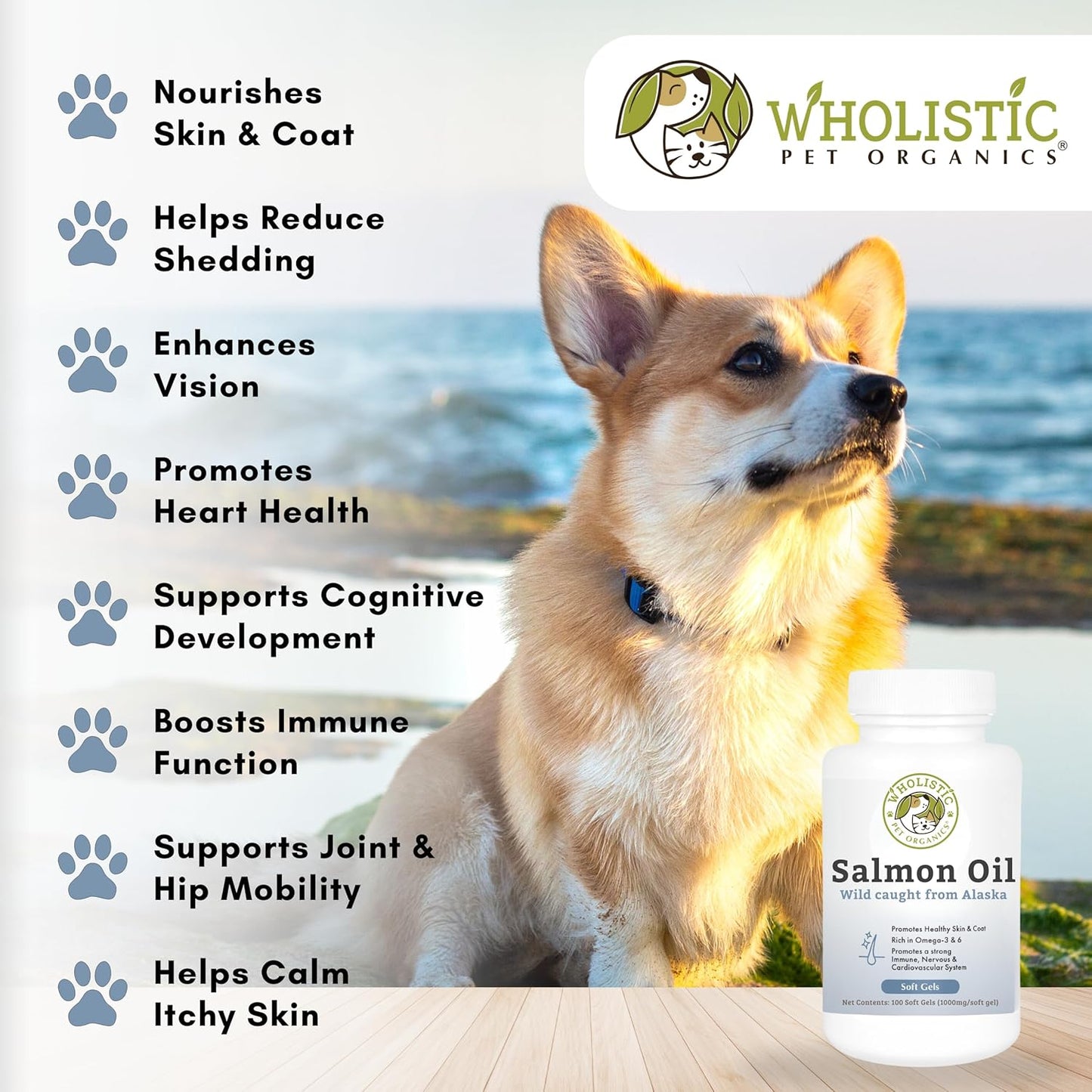 100 Soft Gels of Wholistic Pet Organics Wild Alaskan Salmon Oil for Dogs - Omega 3 Fish Oil with EPA & DHA for Skin, Coat, Joint, and Heart Health - Ideal Choice for Dog Skin & Coat Care