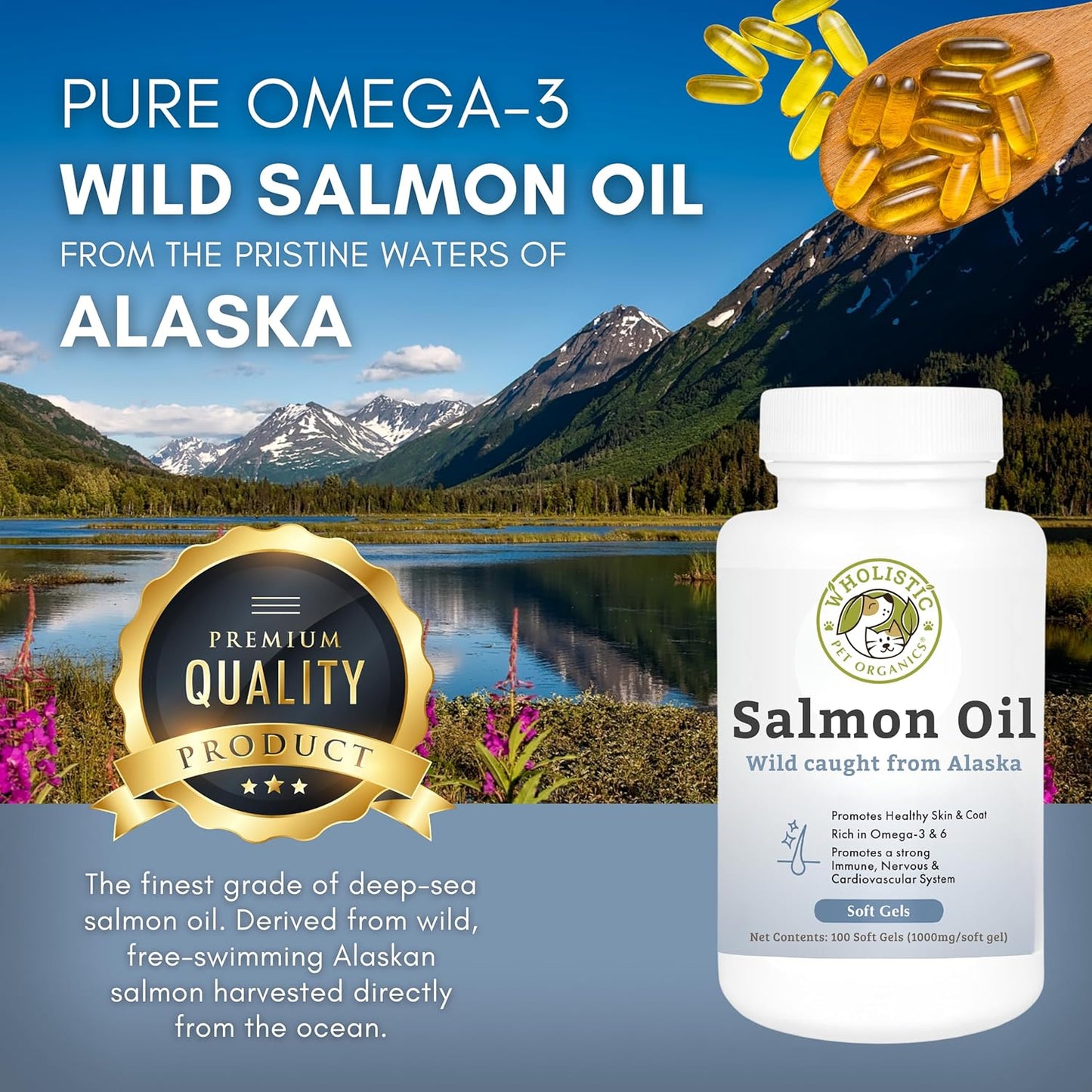 100 Soft Gels of Wholistic Pet Organics Wild Alaskan Salmon Oil for Dogs - Omega 3 Fish Oil with EPA & DHA for Skin, Coat, Joint, and Heart Health - Ideal Choice for Dog Skin & Coat Care