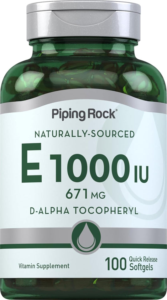 100 Softgel Capsules of Piping Rock Vitamin E 1000 IU with 671mg | D-Alpha Tocopheryl Supplement | Non-GMO, Gluten Free | 100 Pills