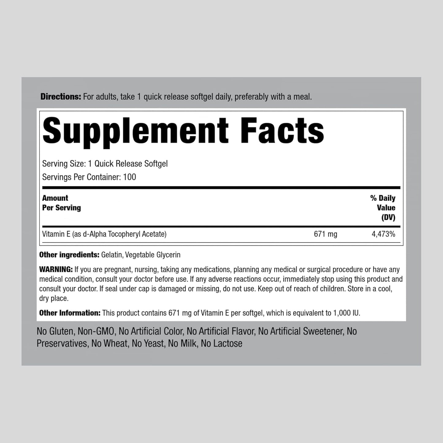 100 Softgel Capsules of Piping Rock Vitamin E 1000 IU with 671mg | D-Alpha Tocopheryl Supplement | Non-GMO, Gluten Free | 100 Pills