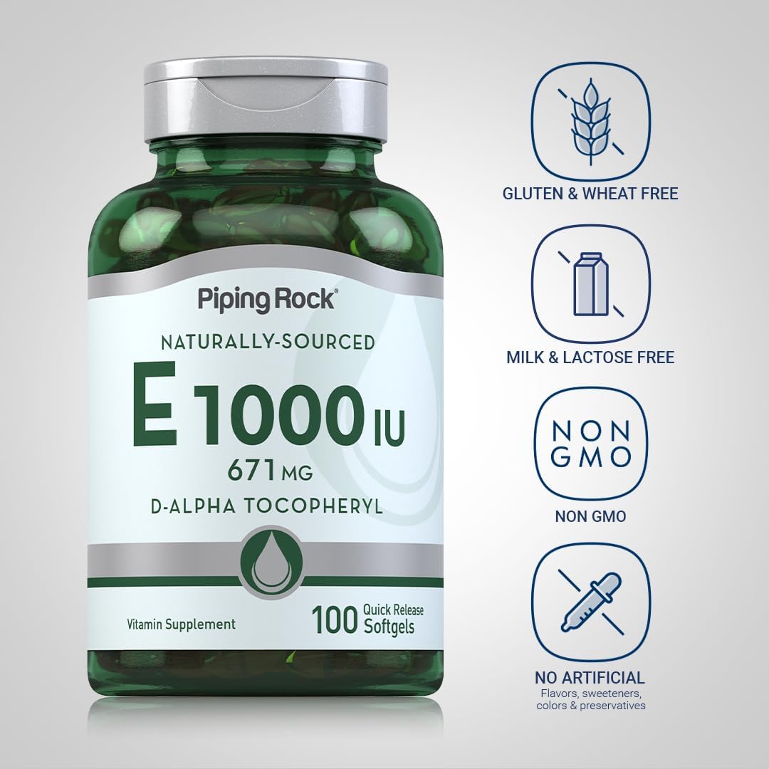 100 Softgel Capsules of Piping Rock Vitamin E 1000 IU with 671mg | D-Alpha Tocopheryl Supplement | Non-GMO, Gluten Free | 100 Pills
