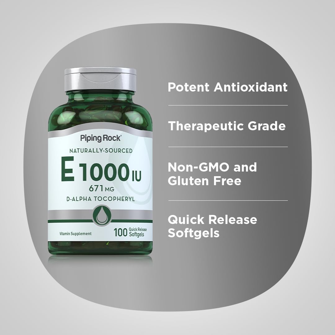 100 Softgel Capsules of Piping Rock Vitamin E 1000 IU with 671mg | D-Alpha Tocopheryl Supplement | Non-GMO, Gluten Free | 100 Pills