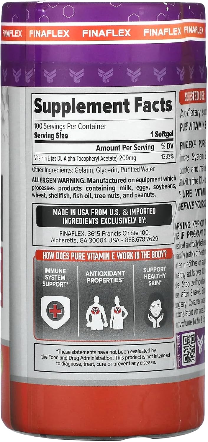 100 Softgels of FINAFLEX Pure Vitamin E for Immune System Support and Skin Nourishment - 100 Servings
