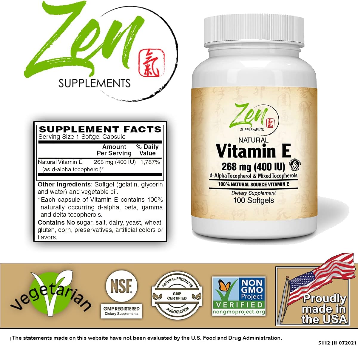 100 Softgels of Zen Supplements Natural Vitamin E with 400IU of Non-GMO Vitamin E and Natural Mixed Tocopherols - BoostGo Australia