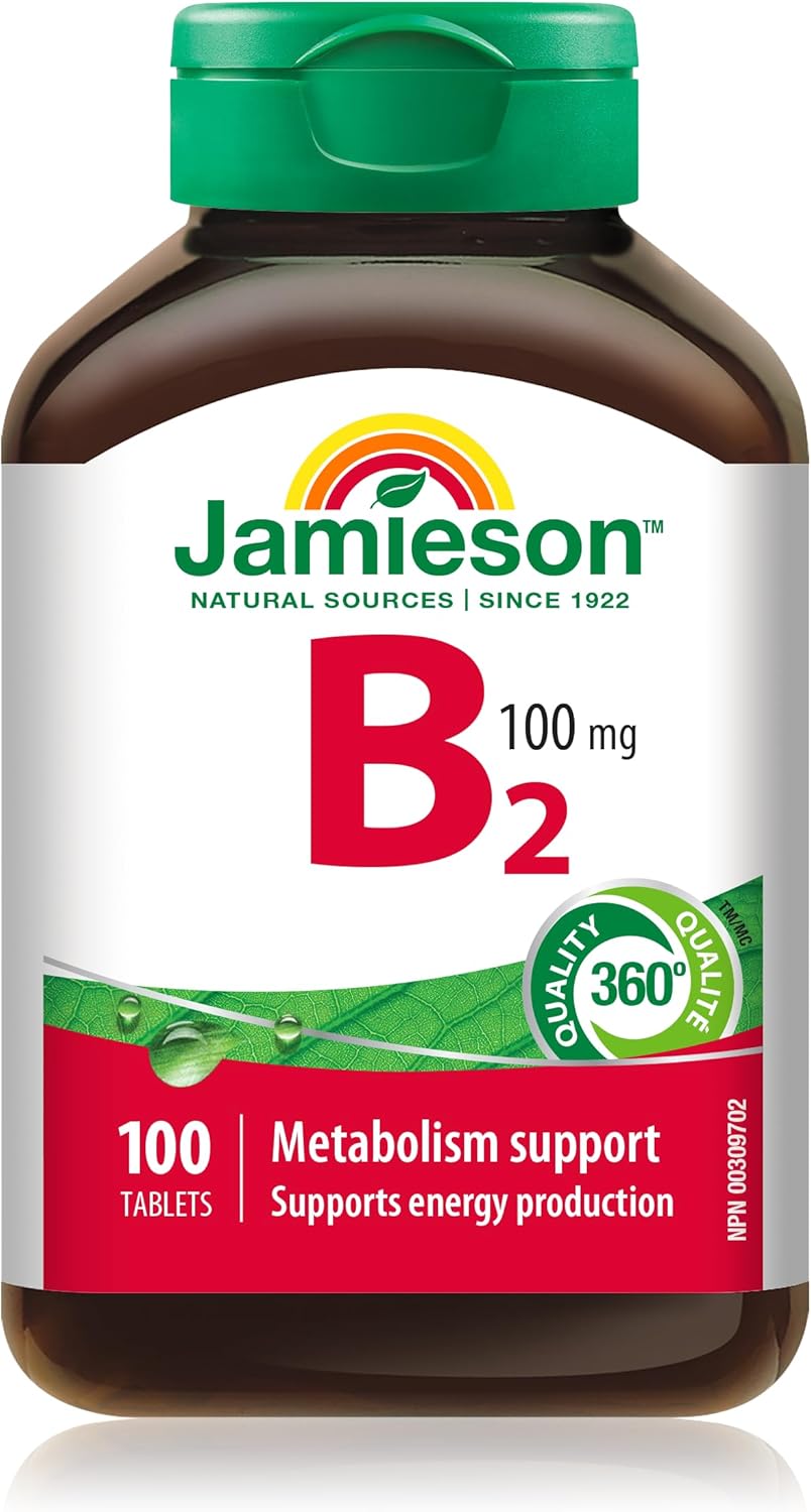 100 Tablets of Jamieson Vitamin B2 (Riboflavin) 100 mg - Essential B Vitamin Supplement for Energy Production and Metabolism