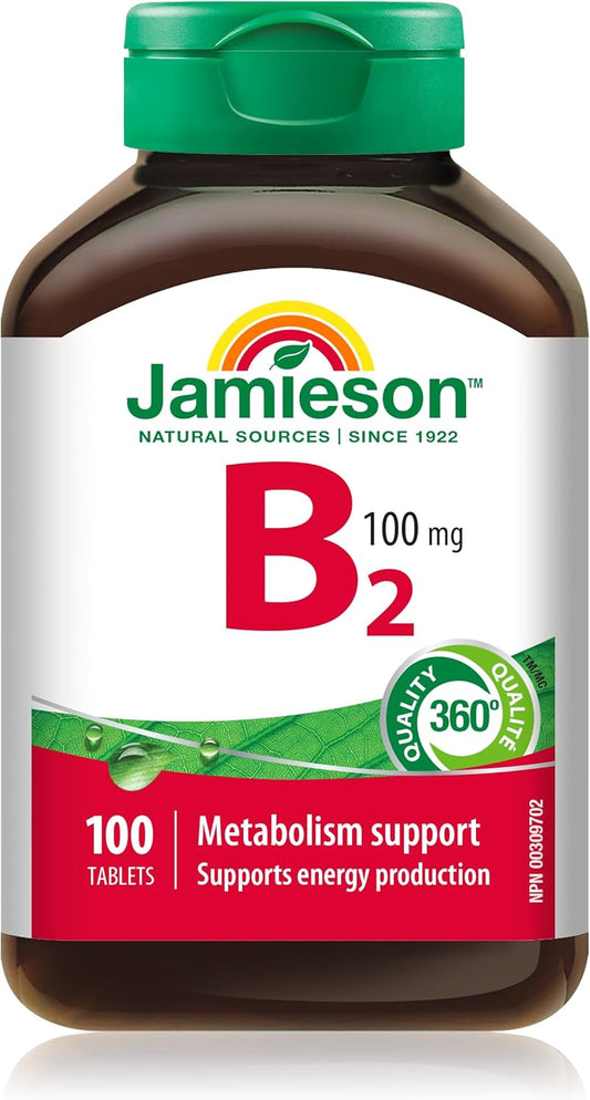 100 Tablets of Jamieson Vitamin B2 (Riboflavin) 100 mg - Essential B Vitamin Supplement for Energy Production and Metabolism