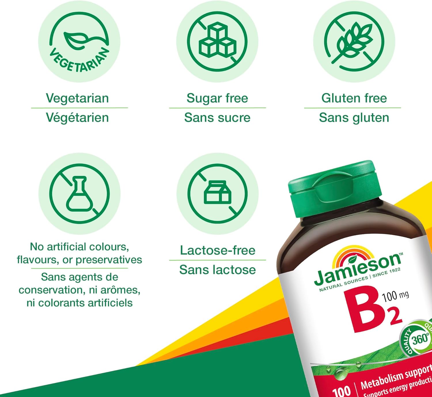 100 Tablets of Jamieson Vitamin B2 (Riboflavin) 100 mg - Essential B Vitamin Supplement for Energy Production and Metabolism