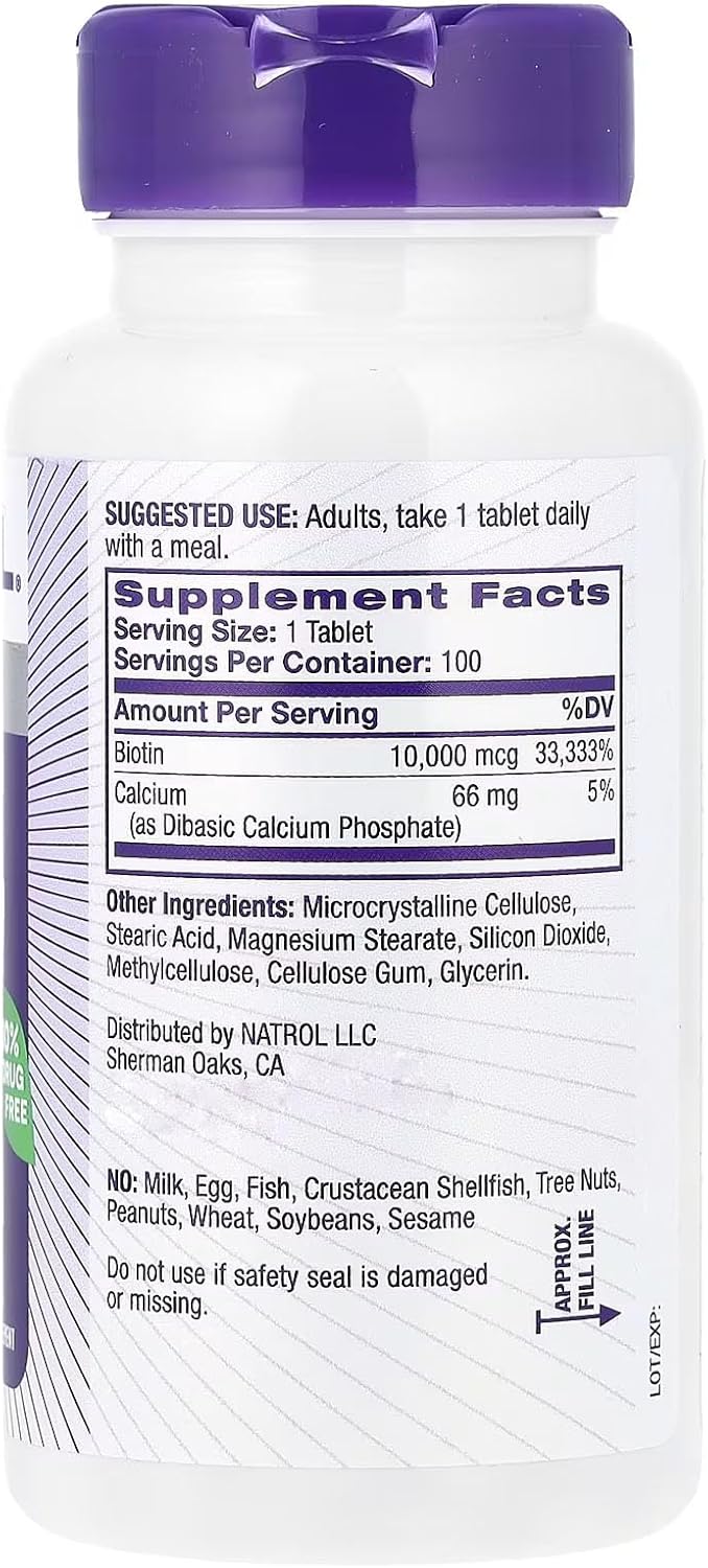 100 Tablets of Natrol Biotin Max Strength 10000 Mcg for Hair, Skin, and Nail Health