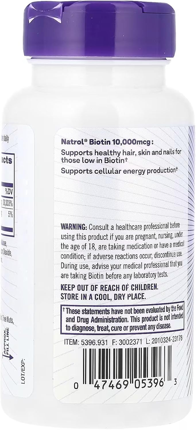 100 Tablets of Natrol Biotin Max Strength 10000 Mcg for Hair, Skin, and Nail Health