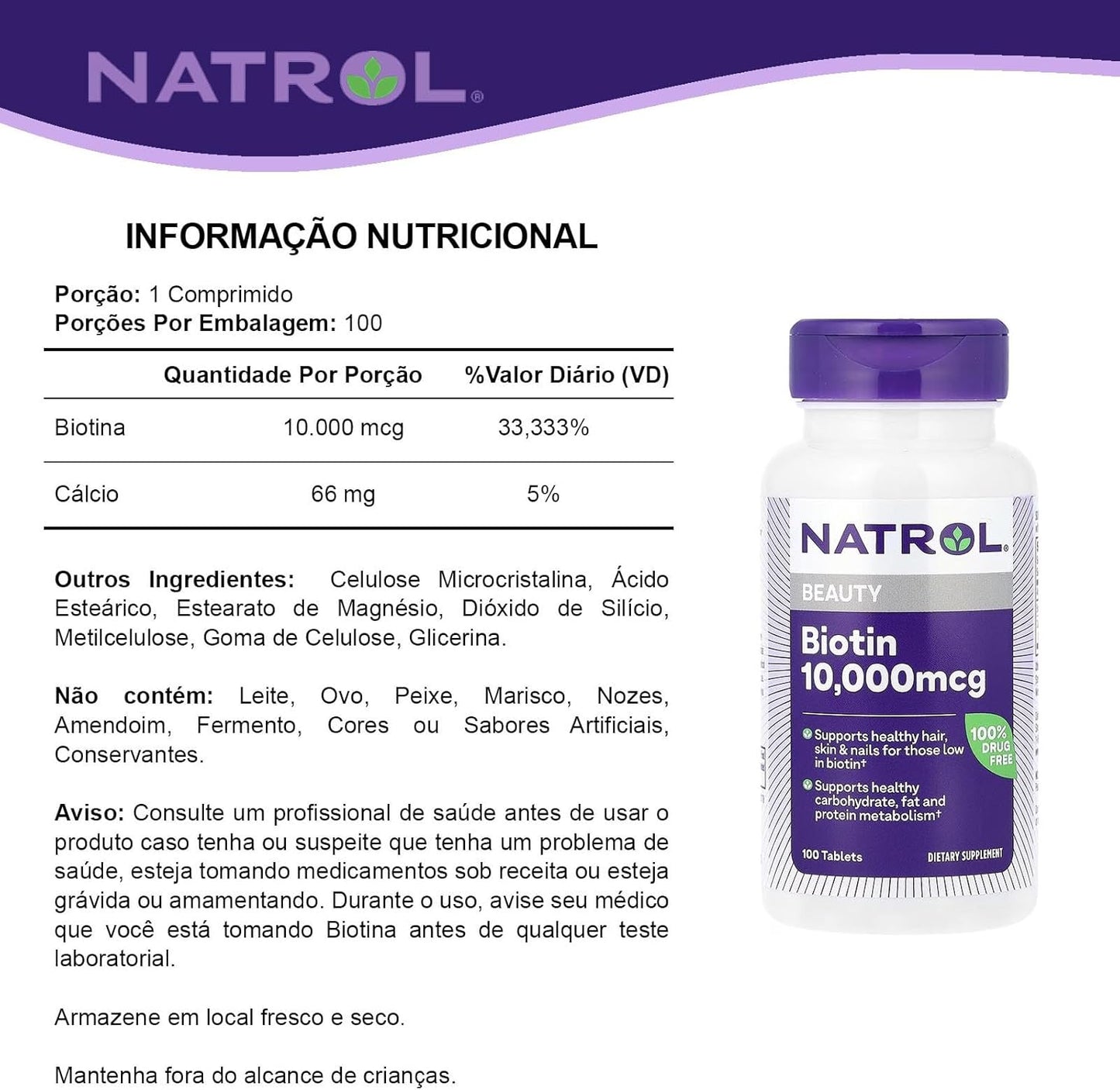 100 Tablets of Natrol Biotin Max Strength 10000 Mcg for Hair, Skin, and Nail Health