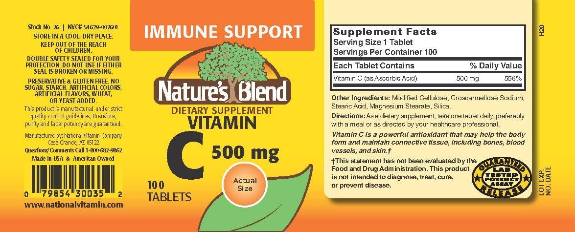100 Tablets of Nature's Blend Vitamin C 500 mg - Immune Support and Antioxidant Supplement