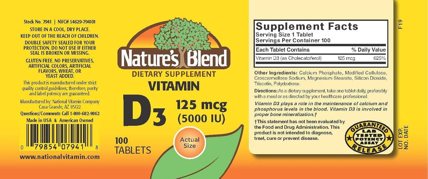 100 Tablets of Nature's Blend Vitamin D3 with 5000 IU Strength