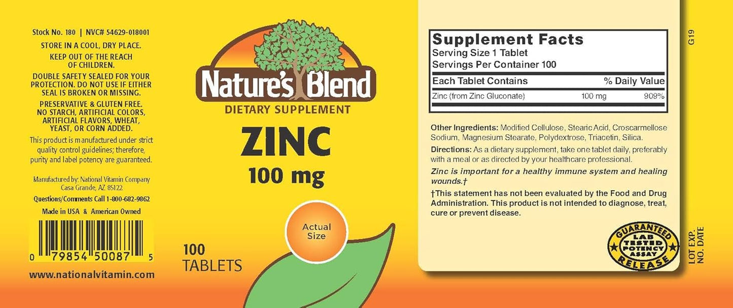 100 Tablets of Nature's Blend Zinc Gluconate 100 mg - Immune Support Supplement