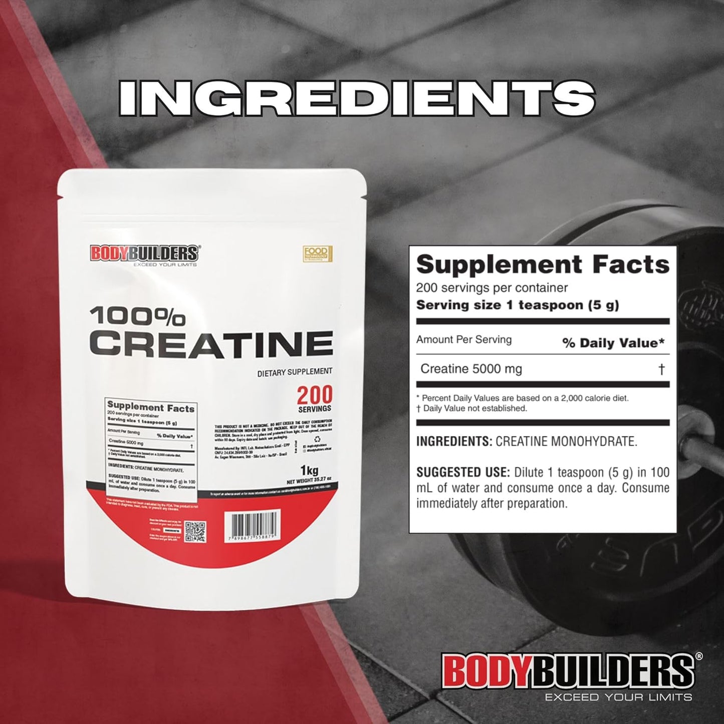 100% Unflavored Creatine Powder for Bodybuilders - 2.2lb, 200 Servings