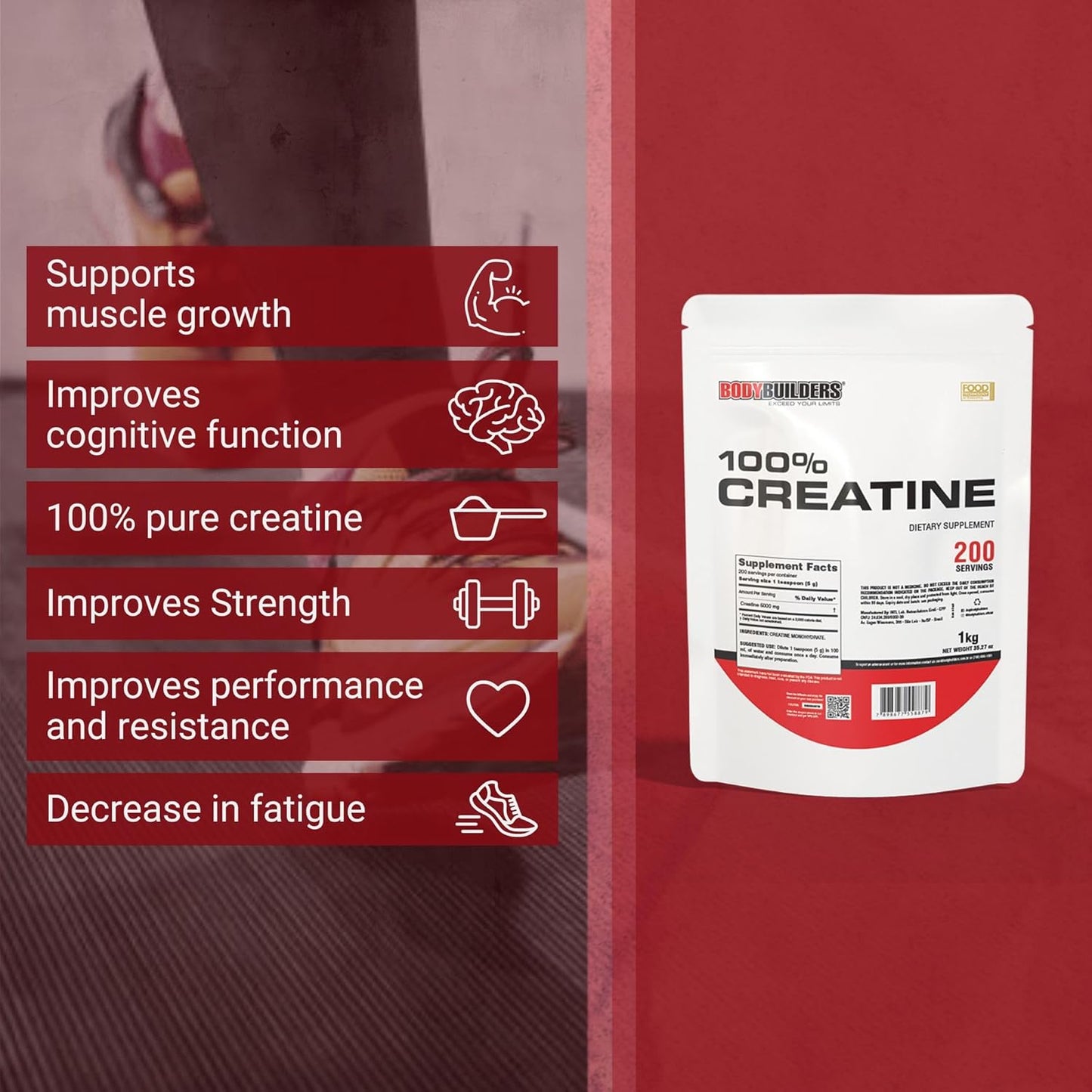 100% Unflavored Creatine Powder for Bodybuilders - 2.2lb, 200 Servings