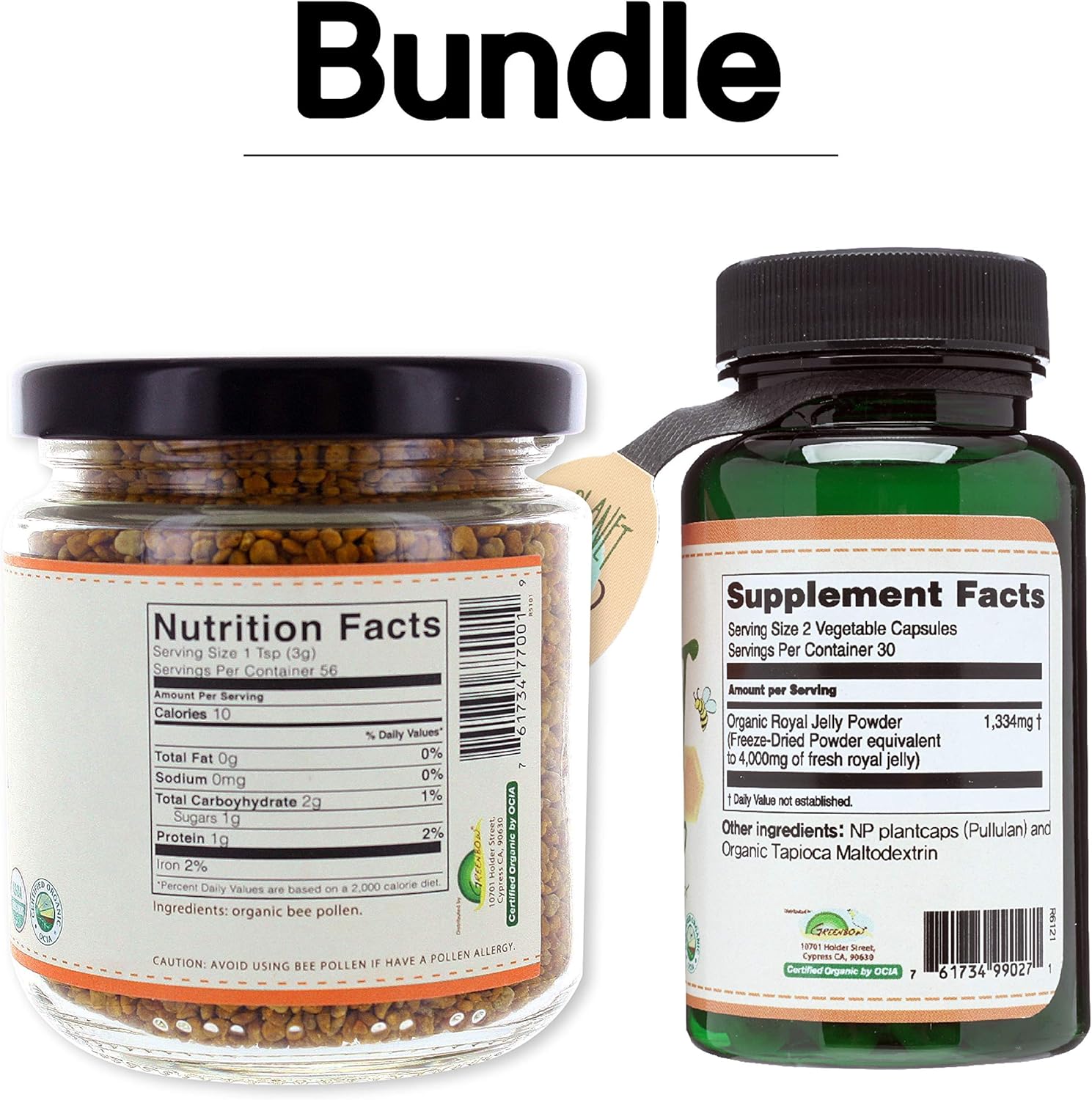 100% USDA Certified Organic Greenbow Bee Pollen & Royal Jelly Capsules - Superfood Rich in Proteins, Vitamins, Minerals - 155g & 2000mg - Natural & Pure