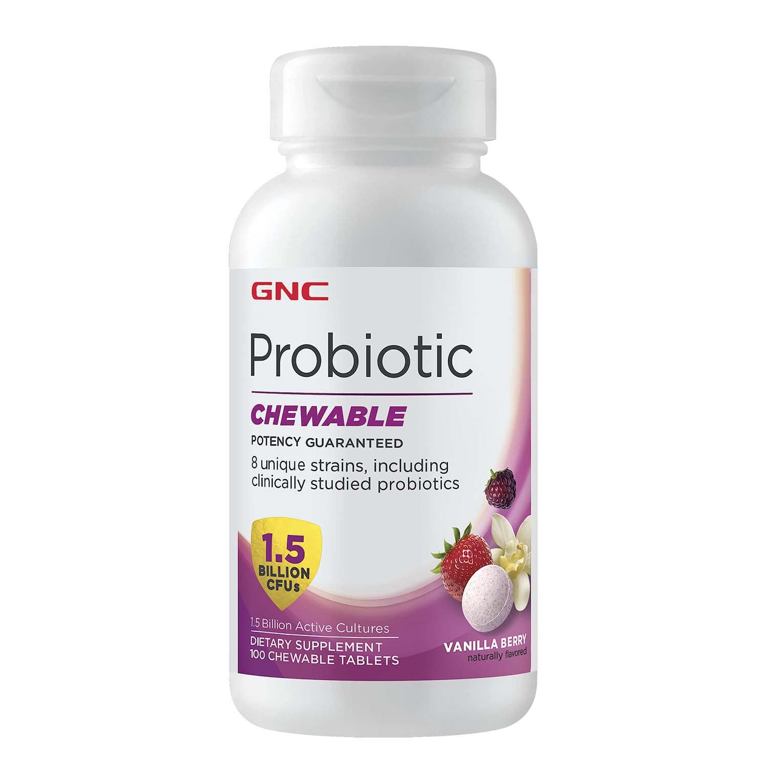 100 Vanilla Berry Probiotic Chewable Tablets with 1.5 Billion CFUs for Daily Gut Health Support by GNC