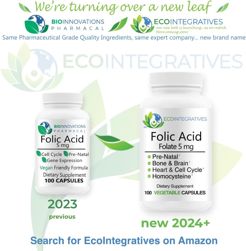 100 Vegan Capsules of BioInnovations Pharmacal Folic Acid Folate 5mg for Prenatal & Reproductive Health, Metabolism, Cardiovascular, Bone, Immune Support - Non GMO & Allergen Free