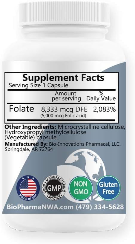 100 Vegan Capsules of BioInnovations Pharmacal Folic Acid Folate 5mg for Prenatal & Reproductive Health, Metabolism, Cardiovascular, Bone, Immune Support - Non GMO & Allergen Free