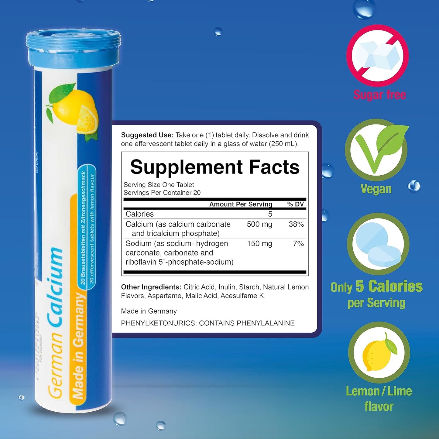 100 Vegan Lemon Lime Flavored Calcium 500mg Effervescent Tablets Made in Germany by T&D