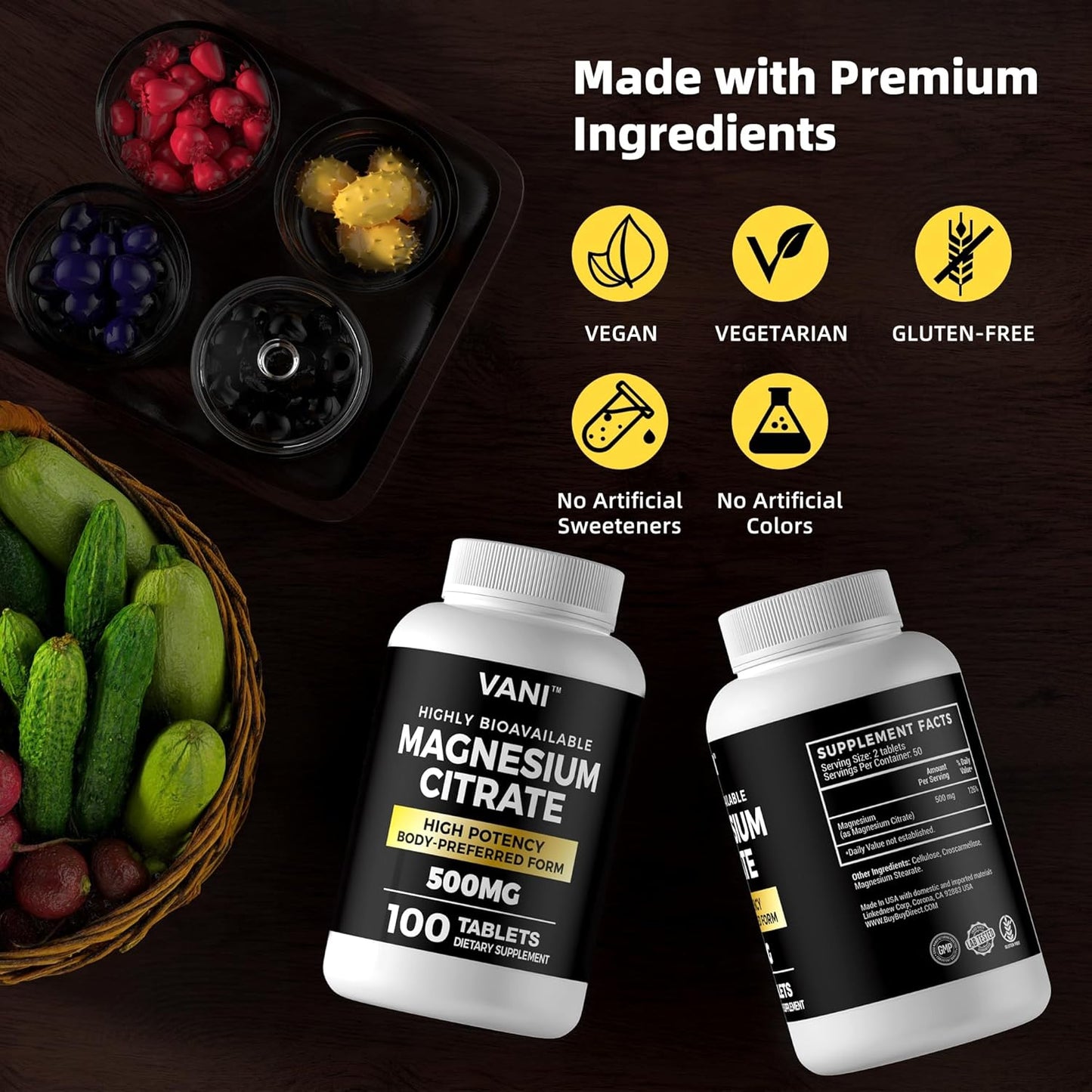 100 Vegan Safe VANI Magnesium Citrate Tablets - 500MG for High Absorption