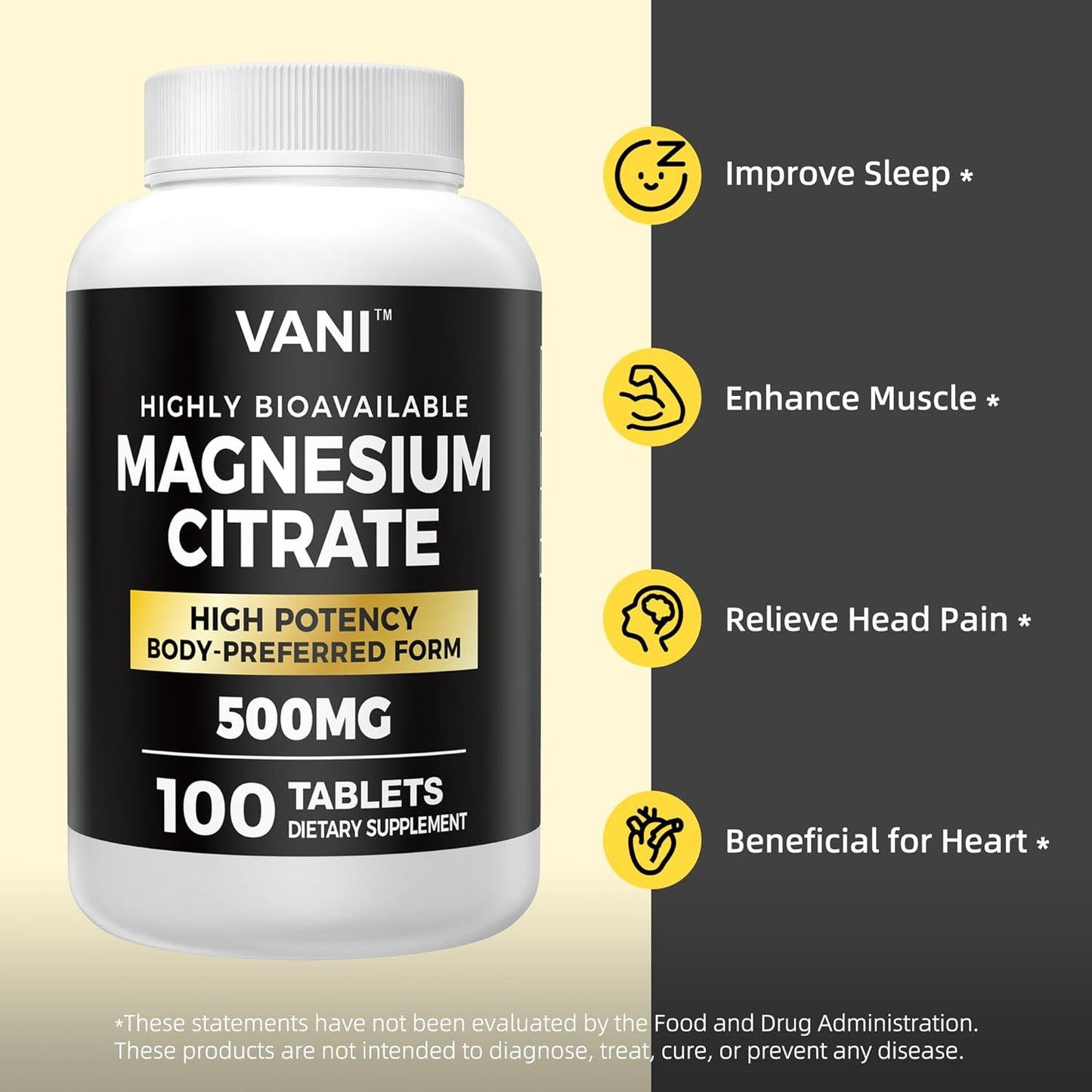 100 Vegan Safe VANI Magnesium Citrate Tablets - 500MG for High Absorption