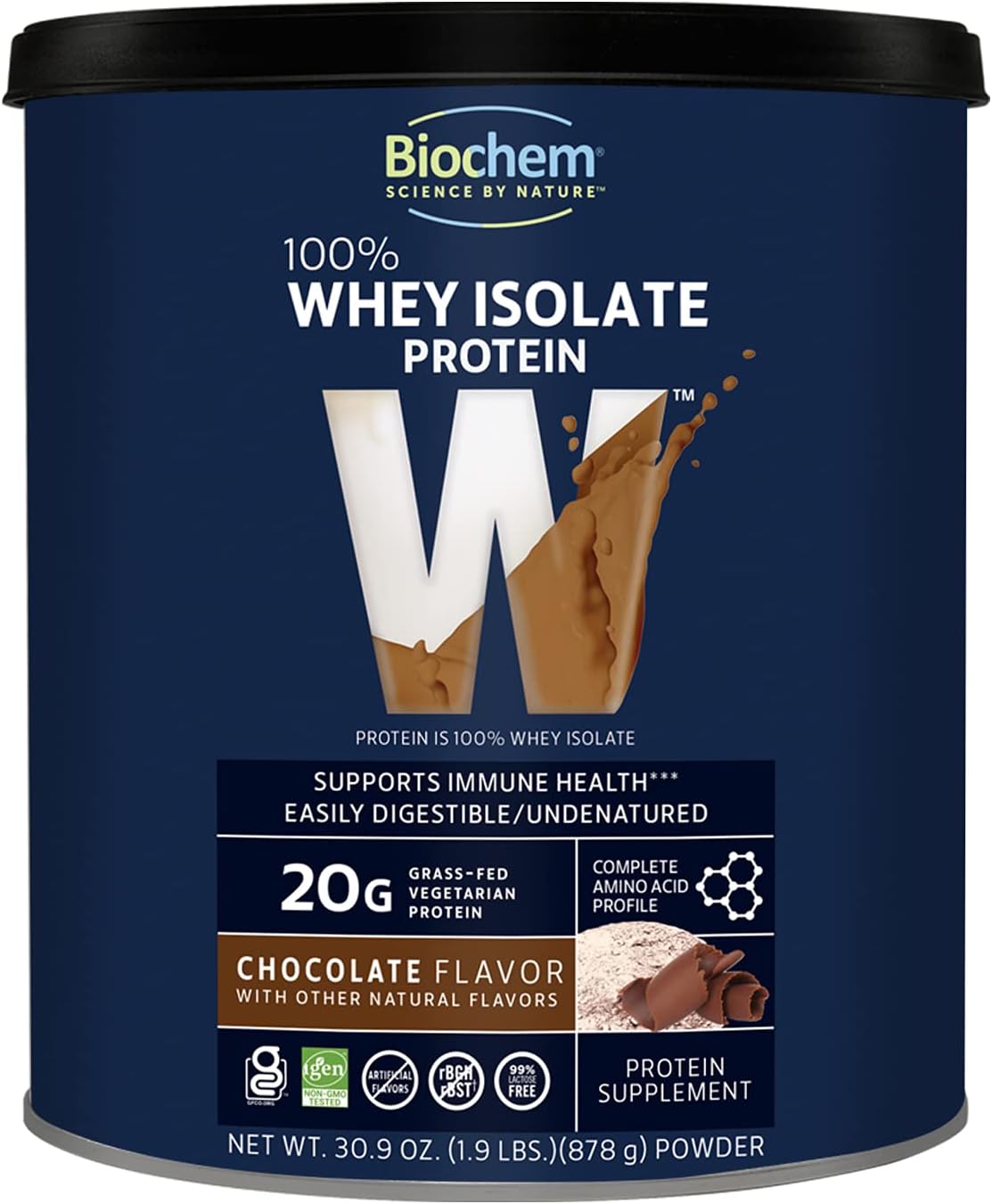 100% Whey Isolate Protein Powder - Chocolate Flavor - 30.9 oz - Boosts Immune Health - Easy to Digest - Delicious Taste - 20g Plant-Based Protein - Amino Acids Included