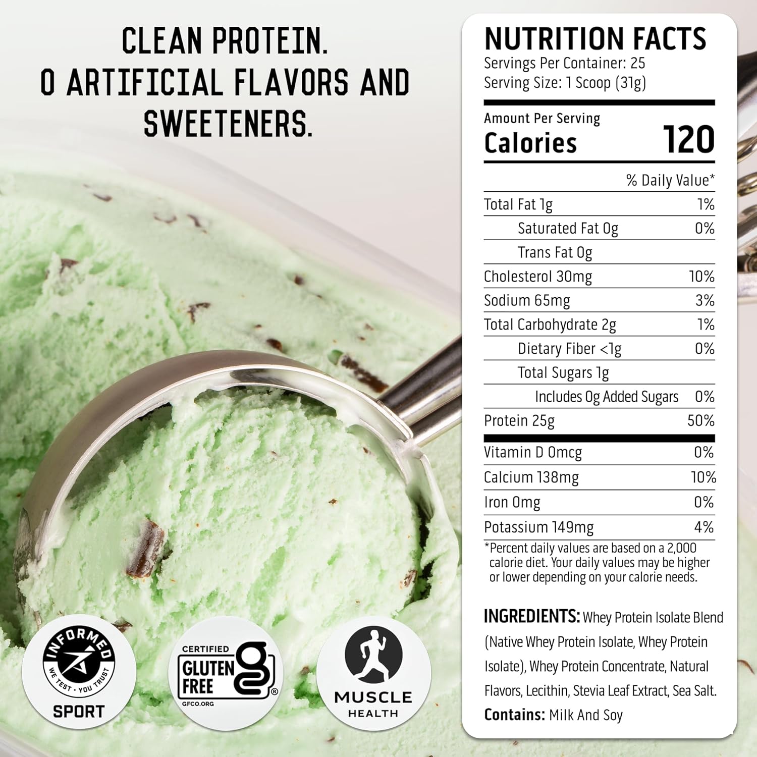 100% Whey Protein Isolate Powder - Mint Chip Flavor, Gluten-Free, 5.5g BCAA, Zero Artificial Additives, Post-Workout Recovery Supplement