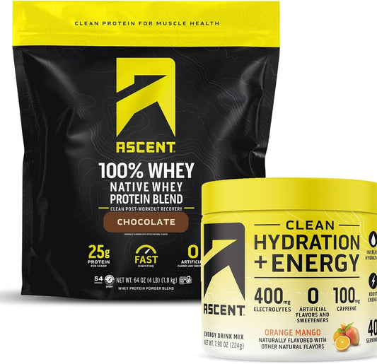 100% Whey Protein Powder, Chocolate Flavor, 4 lb + Electrolyte Hydration + Energy, Orange Mango, 40 Servings