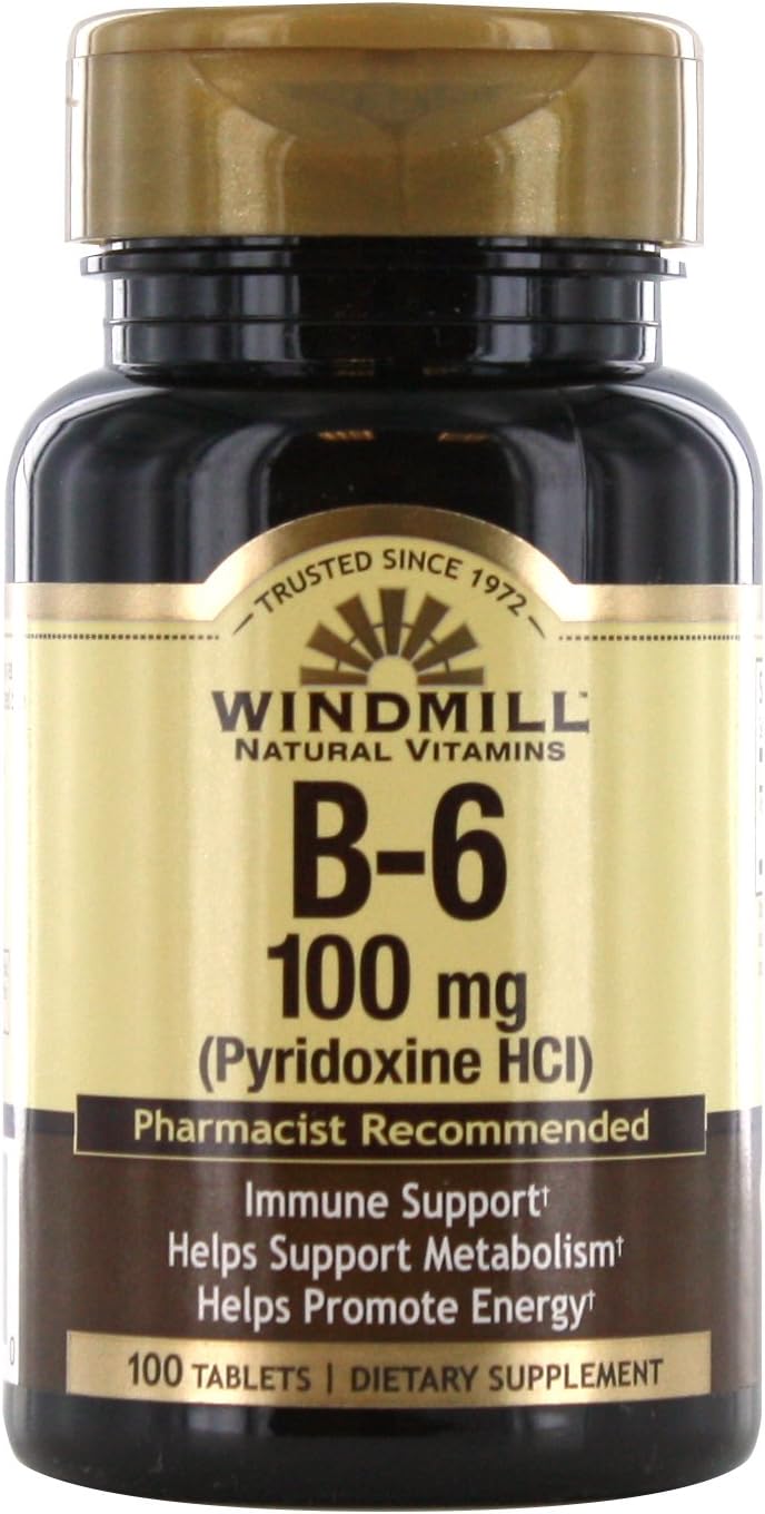 100 Windmill Vitamin B-6 Tablets - 100mg Supplement for Energy and Metabolism Support