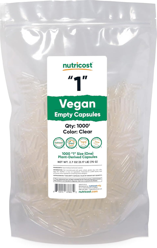 1000 Clear Size 1 Vegan Plant-Based Empty Capsules - Kosher, Halal, Non-GMO, Soy & Gluten Free