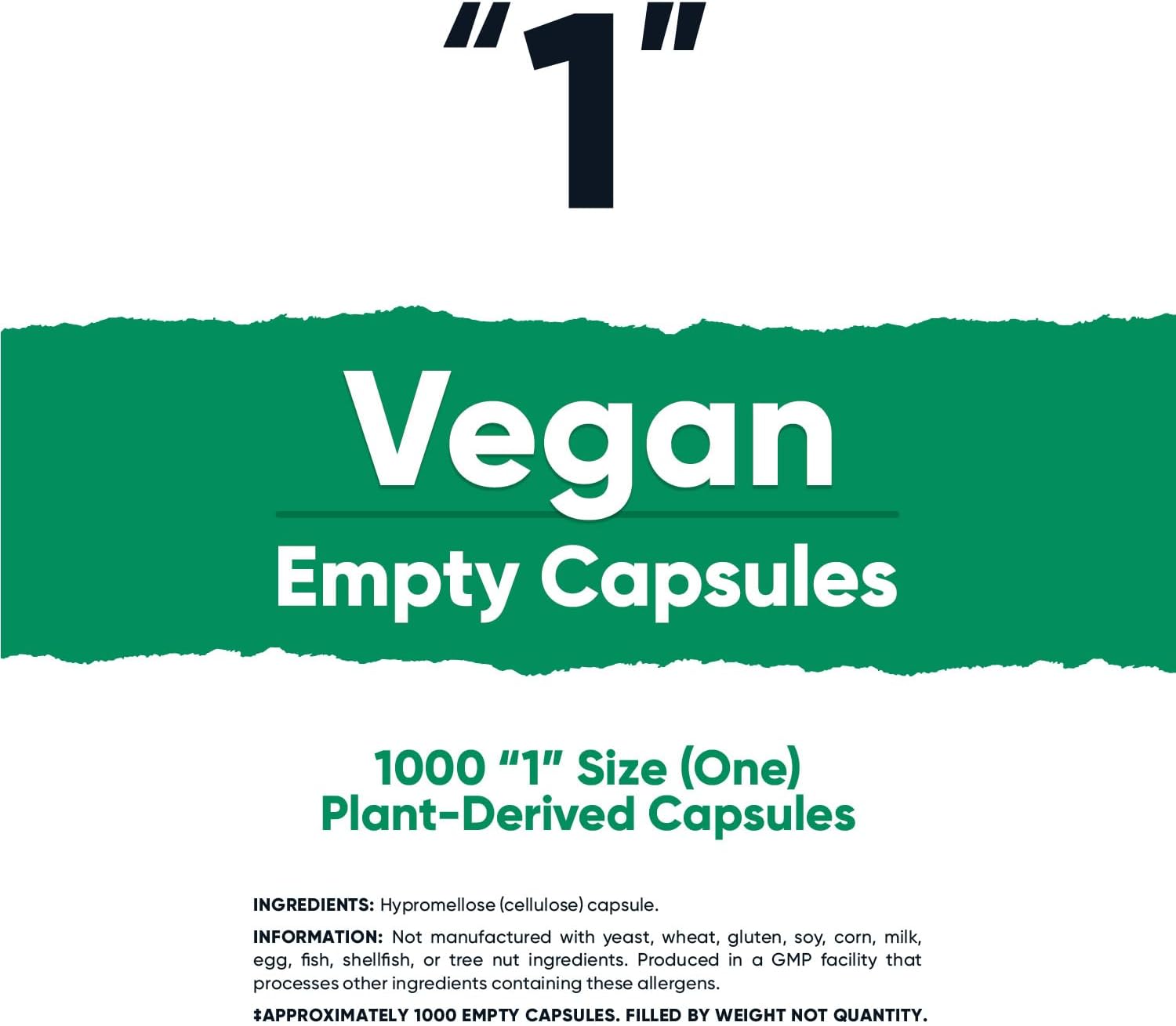 1000 Clear Size 1 Vegan Plant-Based Empty Capsules - Kosher, Halal, Non-GMO, Soy & Gluten Free