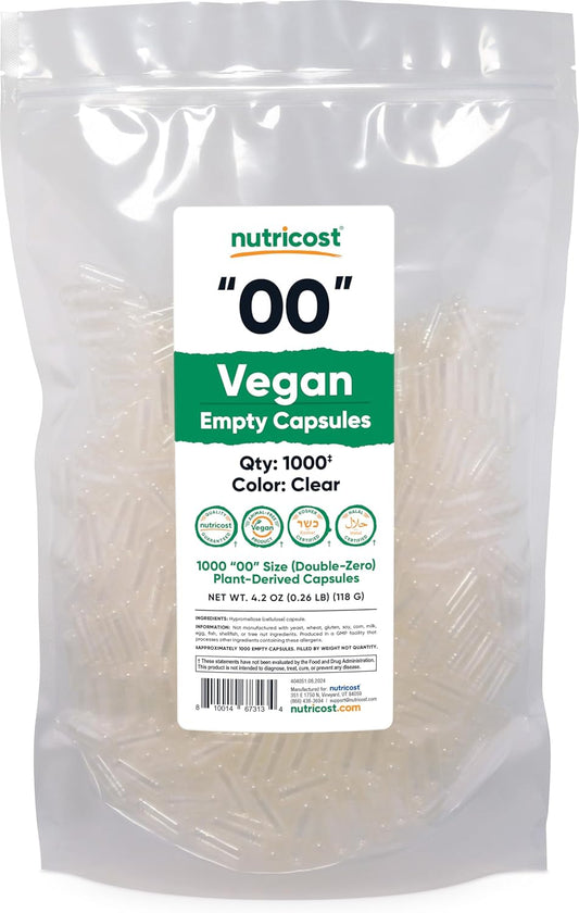 1,000 Clear Vegan Empty Capsules Size 00 - Plant-Based, Kosher & Halal Certified, Non-GMO, Soy & Gluten Free - Vegetarian Capsules