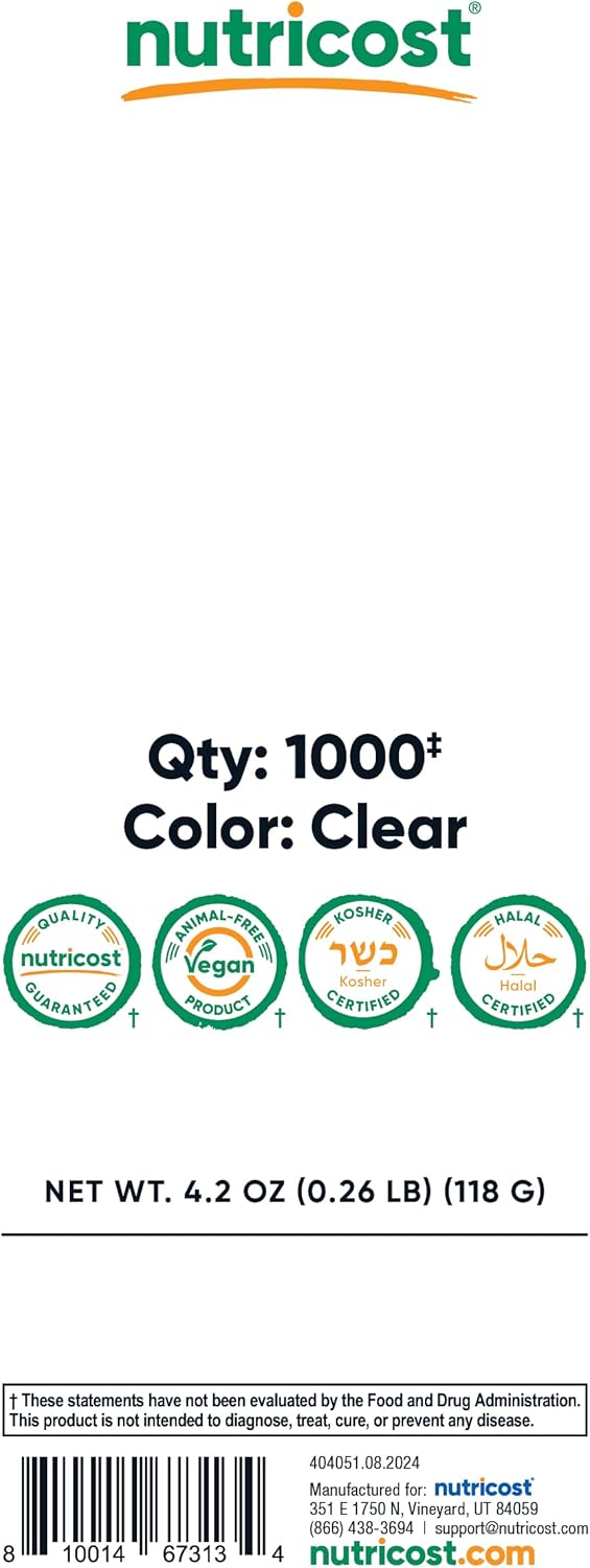 1,000 Clear Vegan Empty Capsules Size 00 - Plant-Based, Kosher & Halal Certified, Non-GMO, Soy & Gluten Free - Vegetarian Capsules