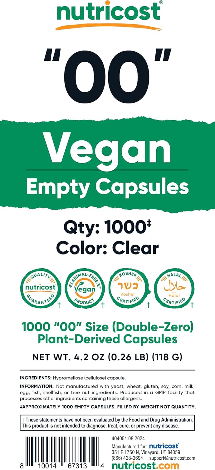 1,000 Clear Vegan Empty Capsules Size 00 - Plant-Based, Kosher & Halal Certified, Non-GMO, Soy & Gluten Free - Vegetarian Capsules