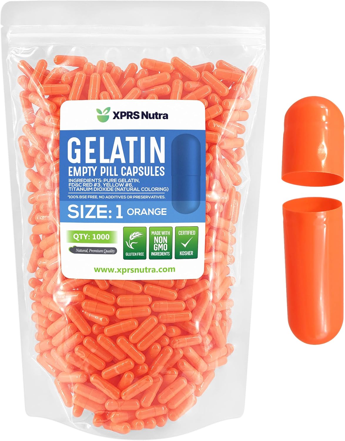 1000 Count Empty Gelatin Capsules for DIY Capsule Filling - Pure Bovine Empty Pill Capsules - XPRS Nutra Size 1 Empty Gel Caps - Orange
