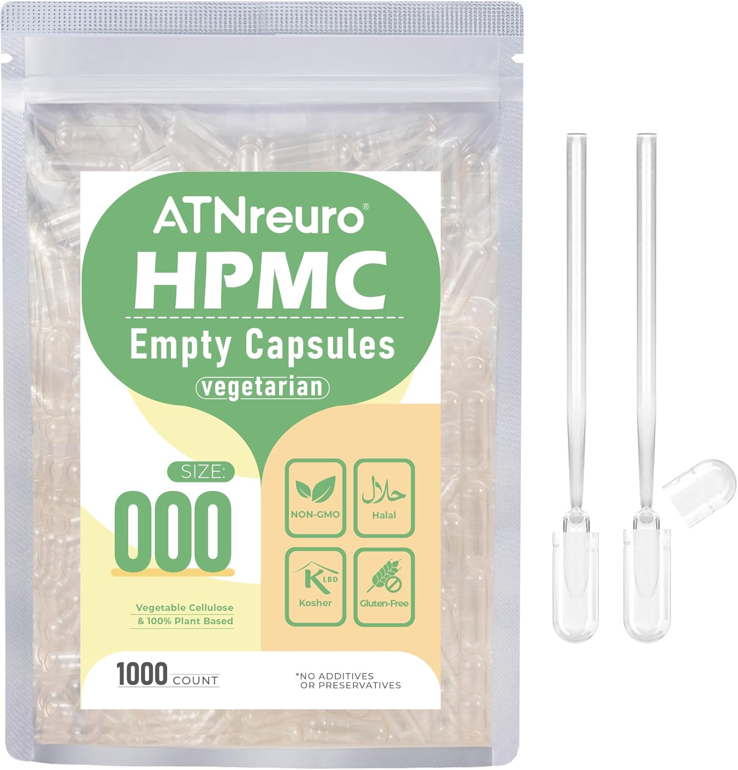 1000 Count Empty Vegan Capsules with 2 Micro Spoons - Empty Vegetarian Pill Capsules for Powders Supplements