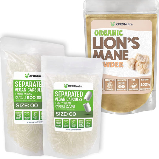 1000 Count Separated Size 00 Capsules with 8 Ounce Lion's Mane Powder Bundle by XPRS Nutra