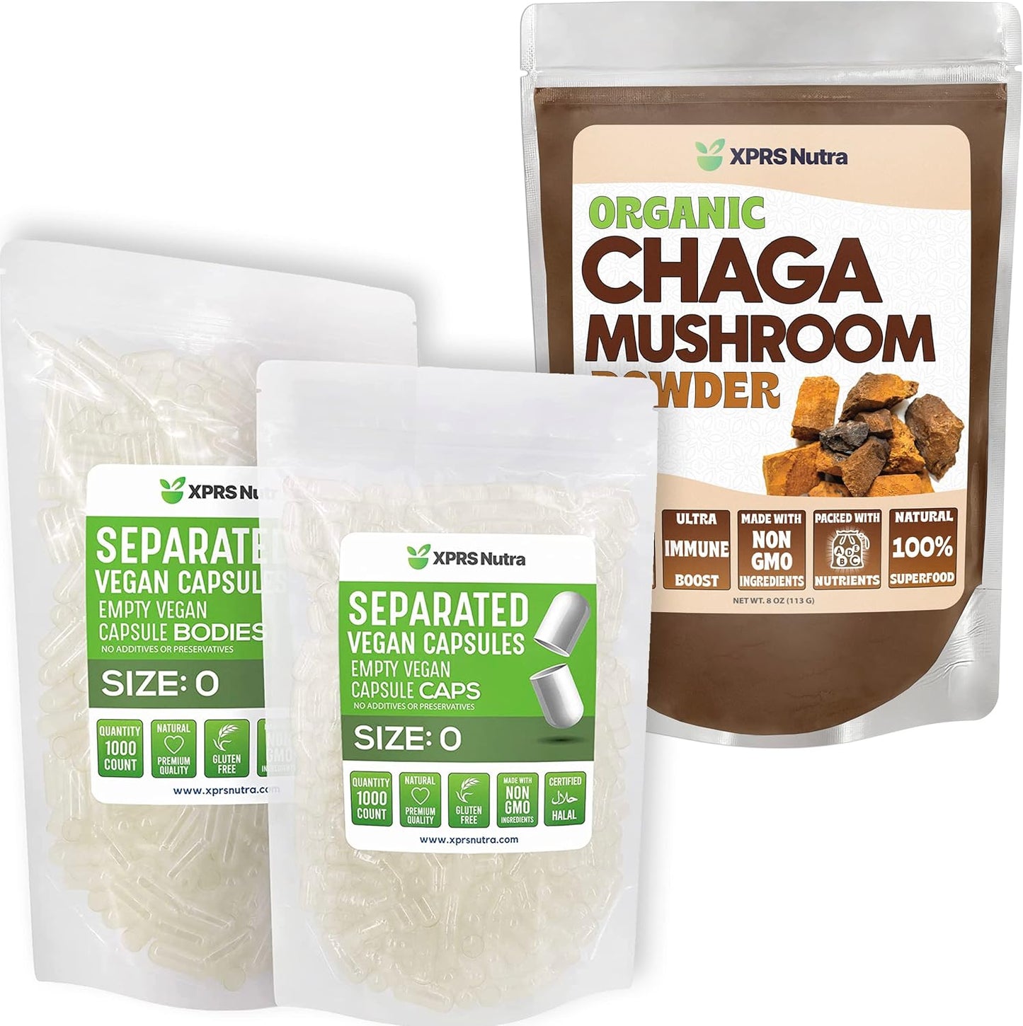 1000 Count Size 0 XPRS Nutra Capsules with 8 Ounce Chaga Powder Bundle